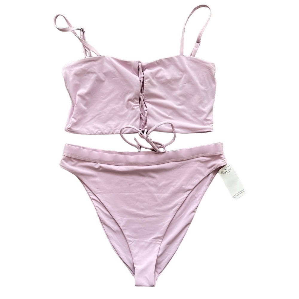 Dippin daisy Bikini Set lilac lace up top cheeky high rise bottoms XL cute solid